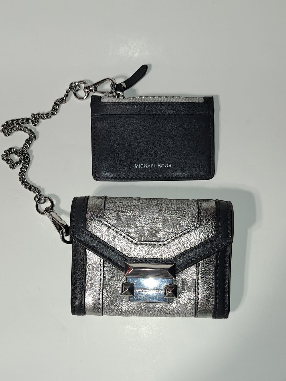 Michael Kors Silver and Black Chain Card Case & Mini Wallet Set